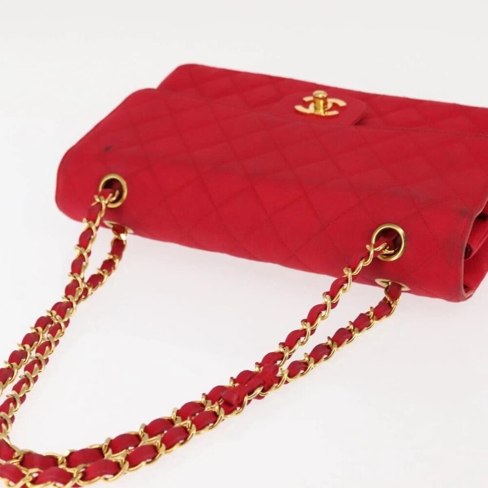 CHANEL Matelasse 25 Double Flap Chain Shoulder Bag Satin Red Gold CC Auth 145843 - Picture 9 of 16